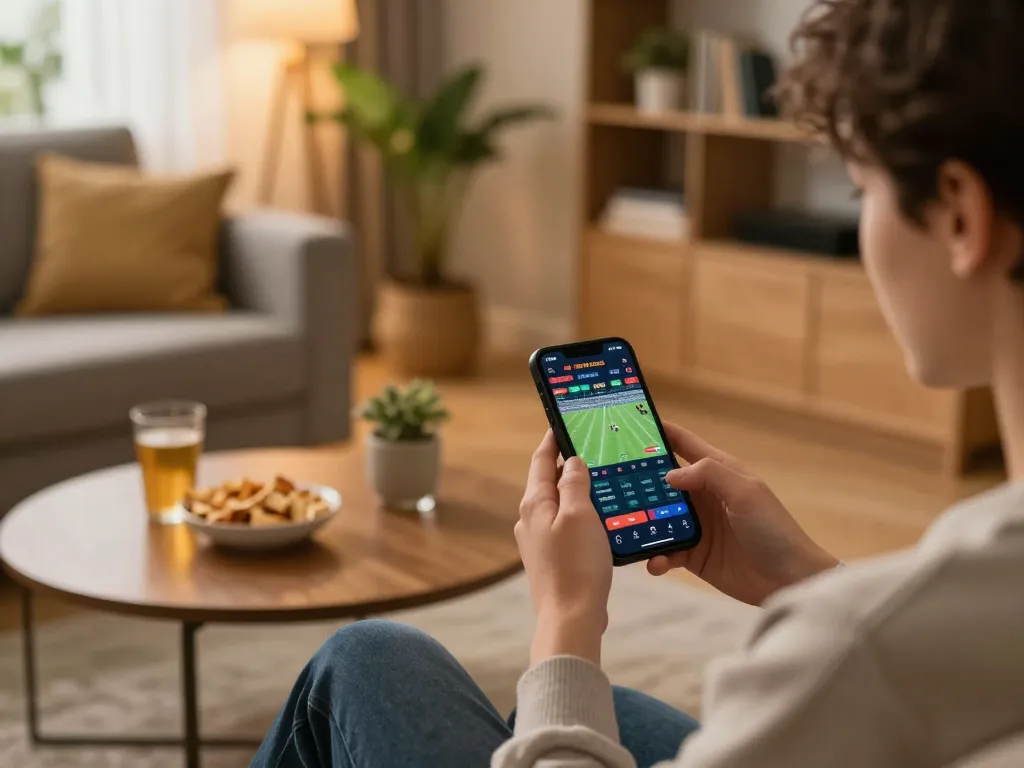 Person focused on ku win sports betting app in cozy home setting, showcasing intense gameplay.