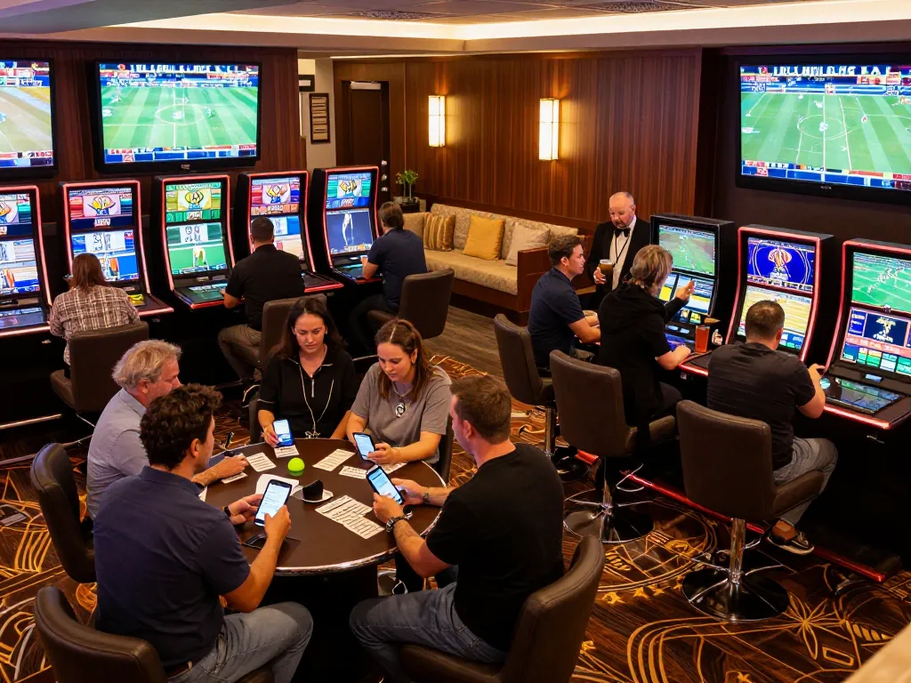 Engaging sports betting scene at Fun88 com with excited bettors and live screens in a vibrant casino lounge