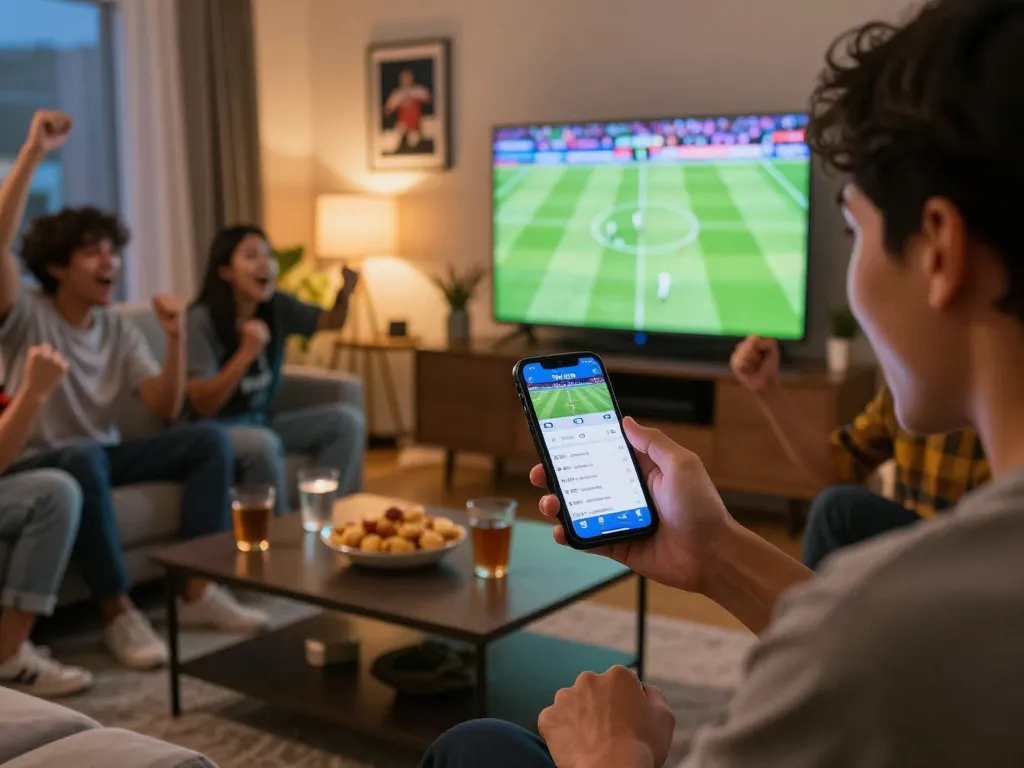 Engaging moment of Thể thao vu88 sports betting with friends enjoying live soccer and smartphone betting