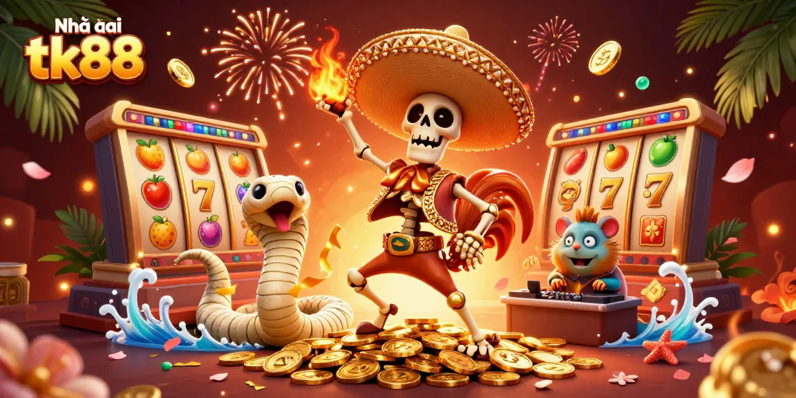 Engage with Nhà cái tk88's vibrant gaming scene featuring festive characters and dynamic casino elements.