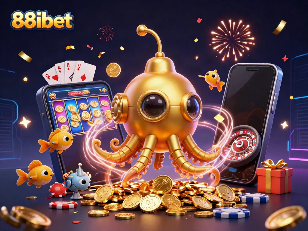 88ibet's exciting gaming scene with a golden kraken submarine and slot game elements bursting with coins.