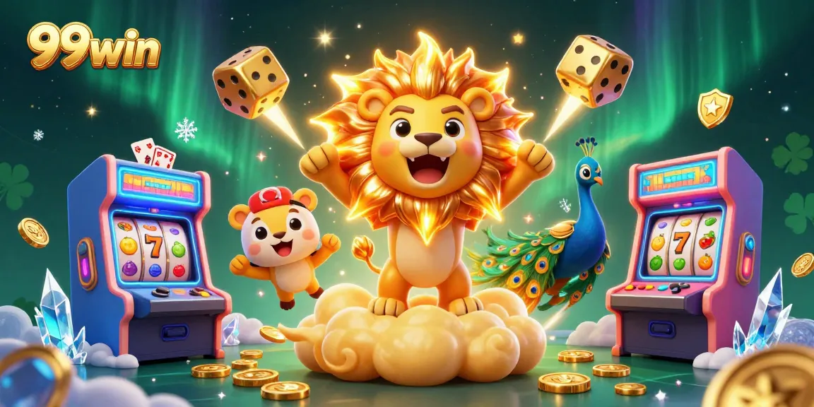Experience 99win's thrilling casino universe with a roaring lion and vibrant gaming elements.