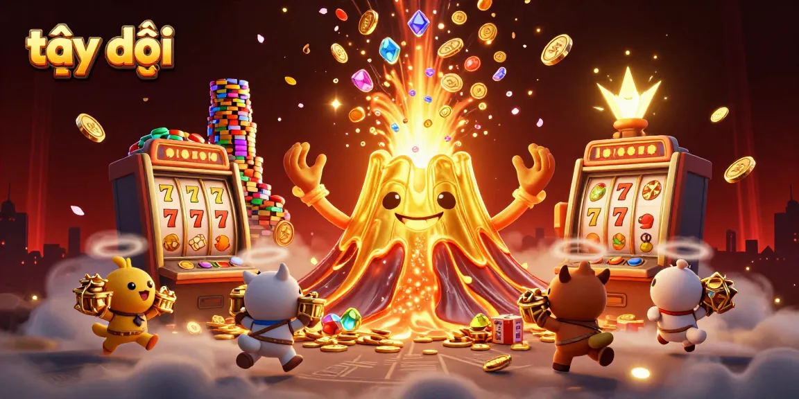 Engage in thrilling slot activities at tại đây with treasures overflowing from a golden volcano bursting coins.