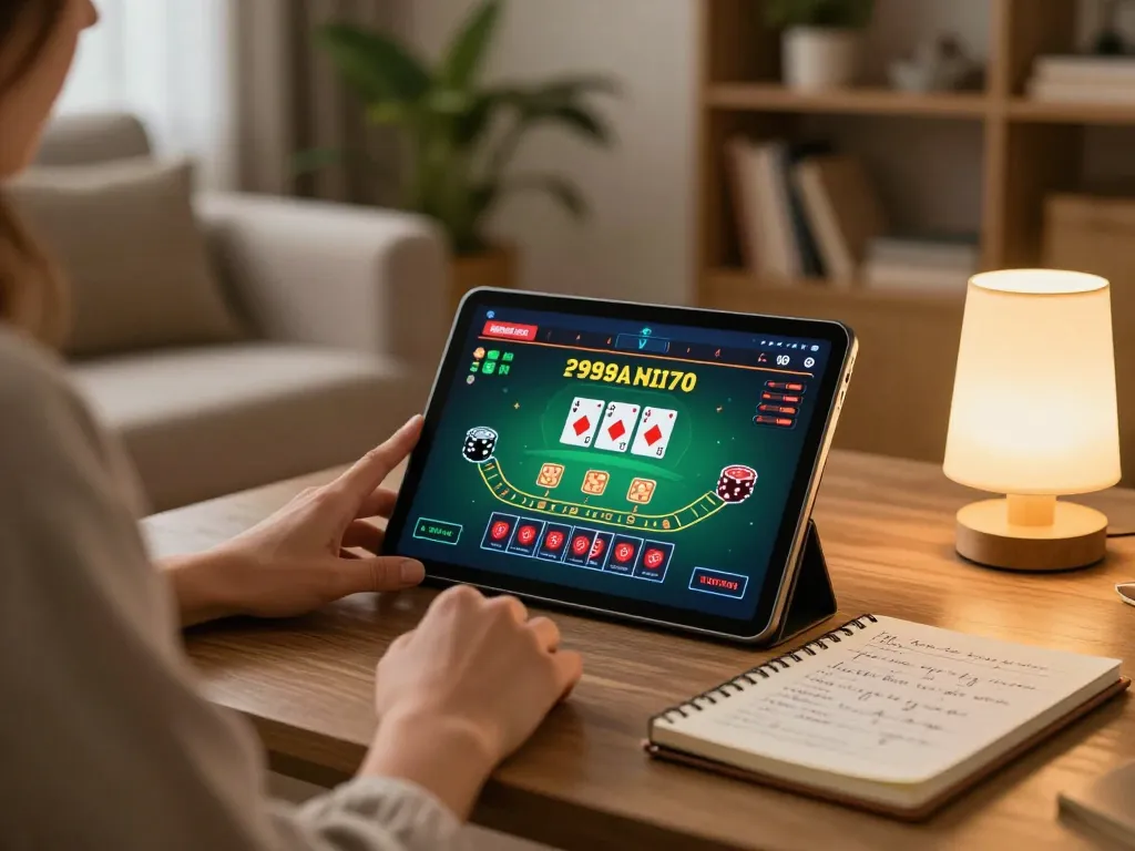 Engaging in online gaming at nhà cái LODE88, showcasing a tablet displaying a blackjack game.