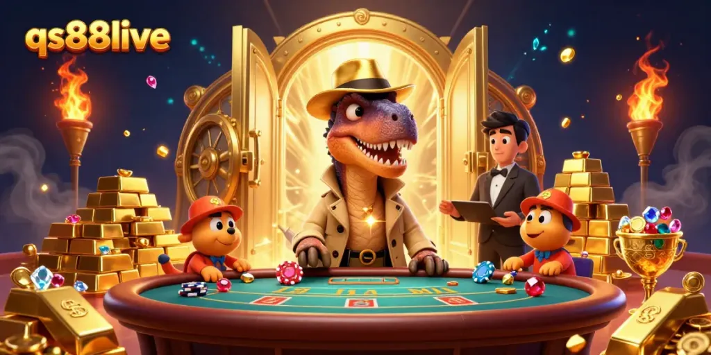 Experience the excitement at qs88live with a velociraptor card counter and vibrant gold treasures.