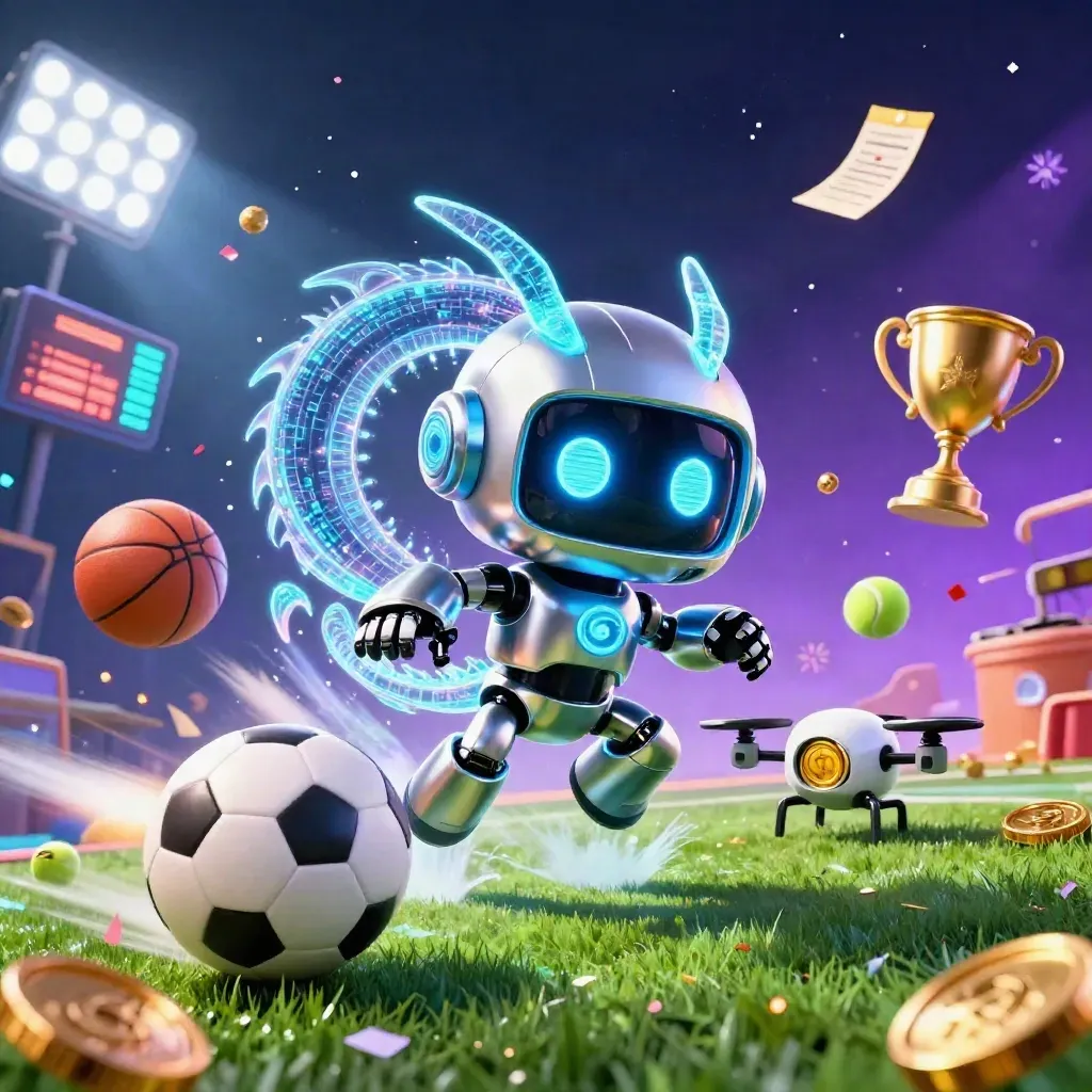 Robot, drake och drone med bollar, trofé och ljus i ett neonfyllt casinomotiv.