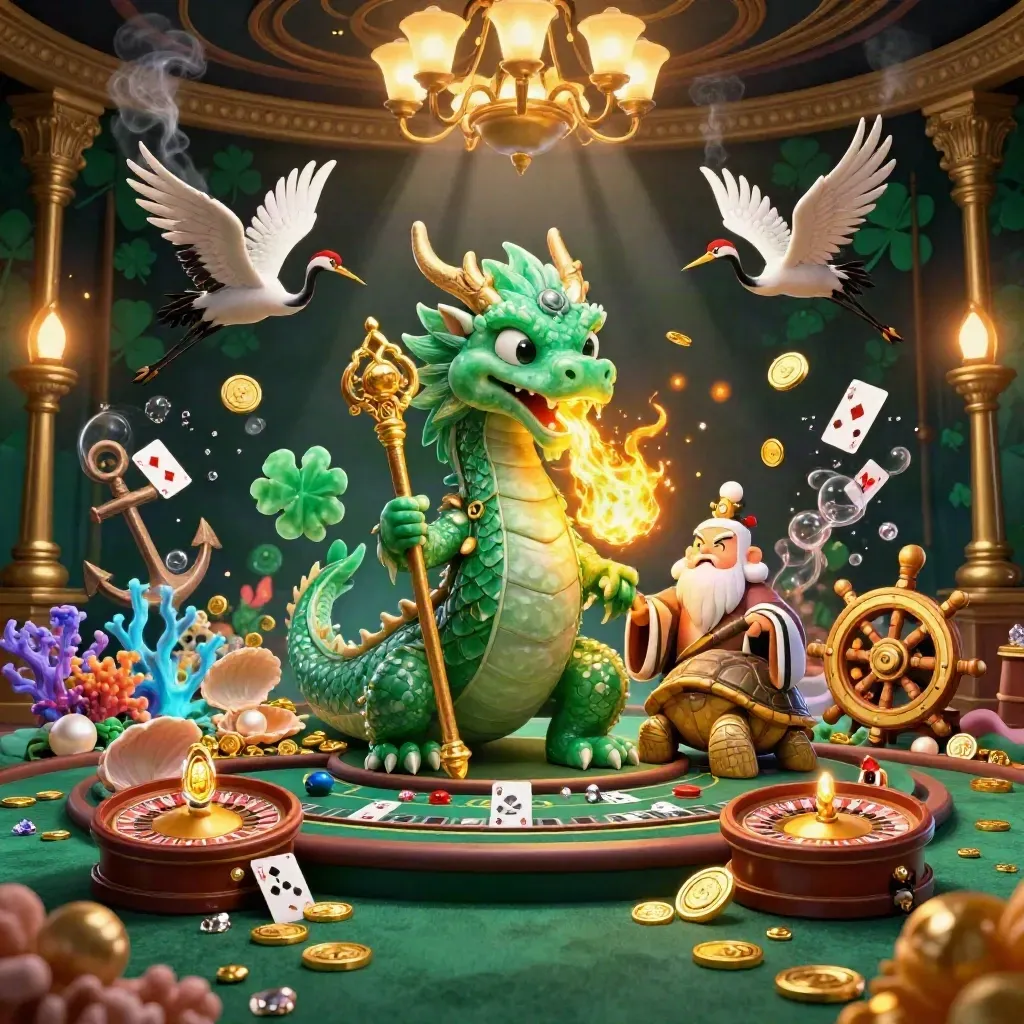 Drake, sköldpadda och tranor i ett lyxigt casino med guldljus och undervattensskatter.
