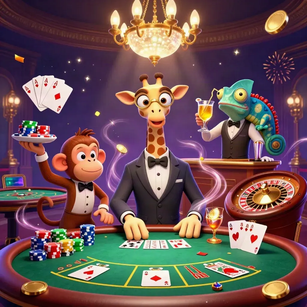 Giraff, apa och kameleont vid ett lyxigt casinobord med kort och mynt