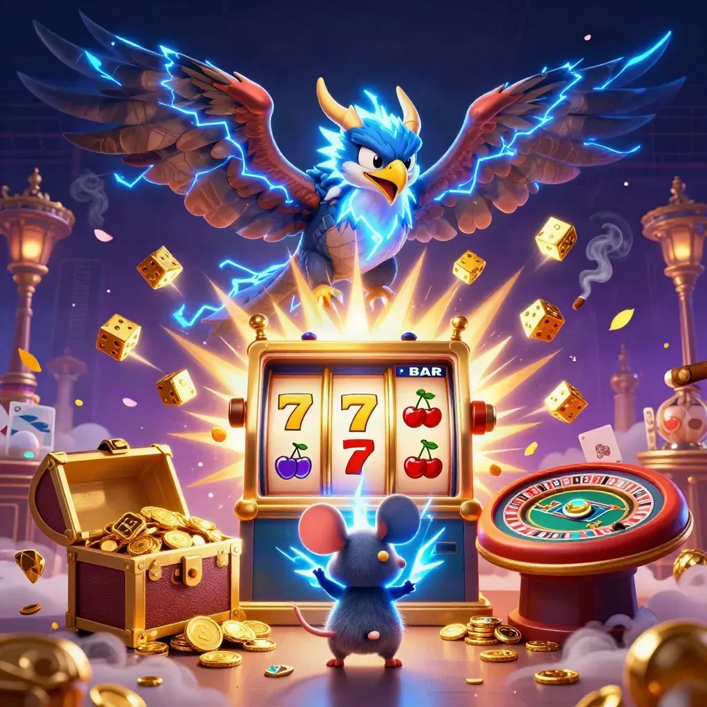 Drake, vindhök och blixtmus i ett lyxigt casino med slotmaskin, guld och neon.