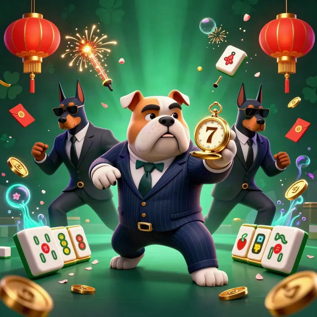 Maffiabulldogg med två dobermannvakter, jademynt och lanternor i casino-glöd.