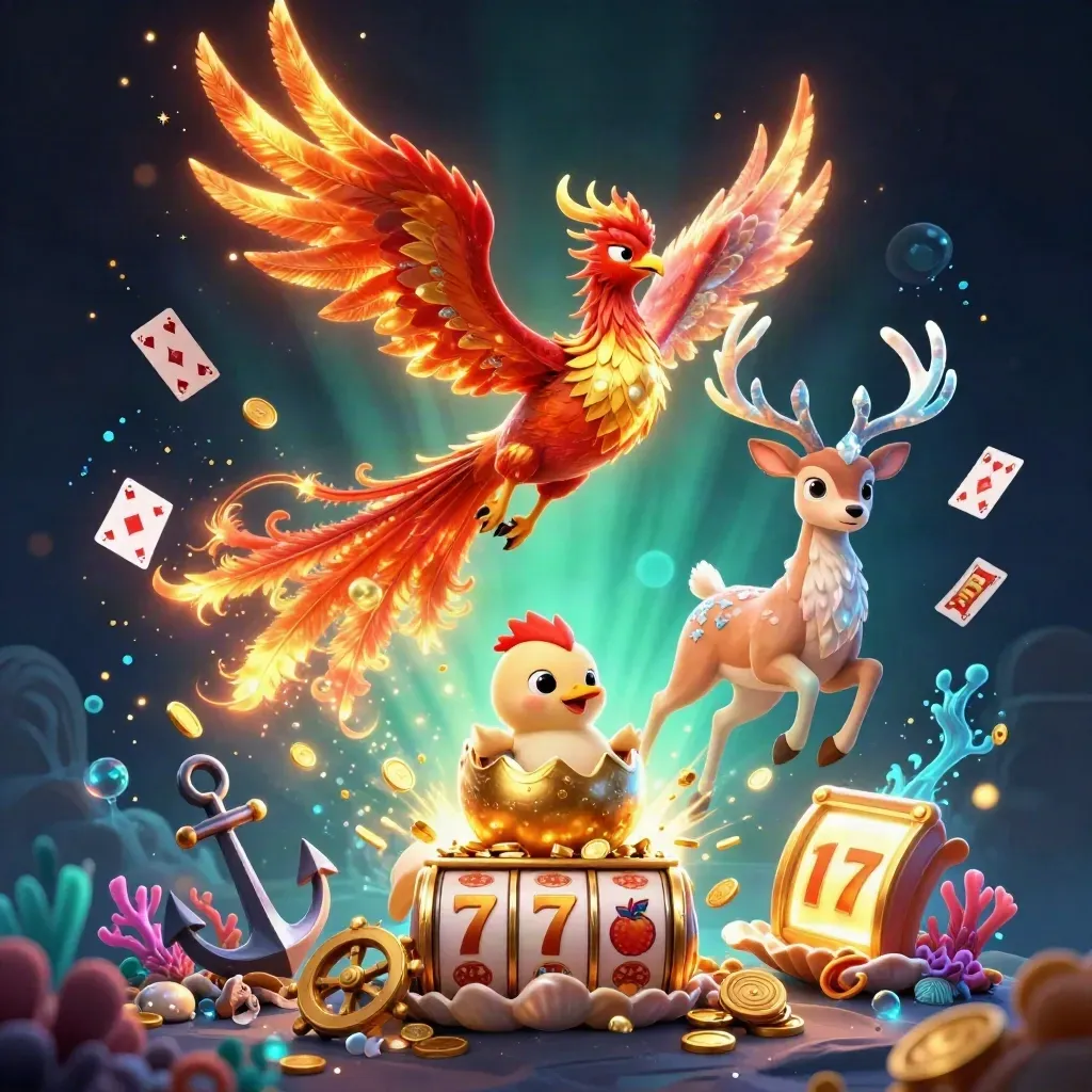 Tre fantasivarelser kring skatt i blått och guld med magisk casinoglöd