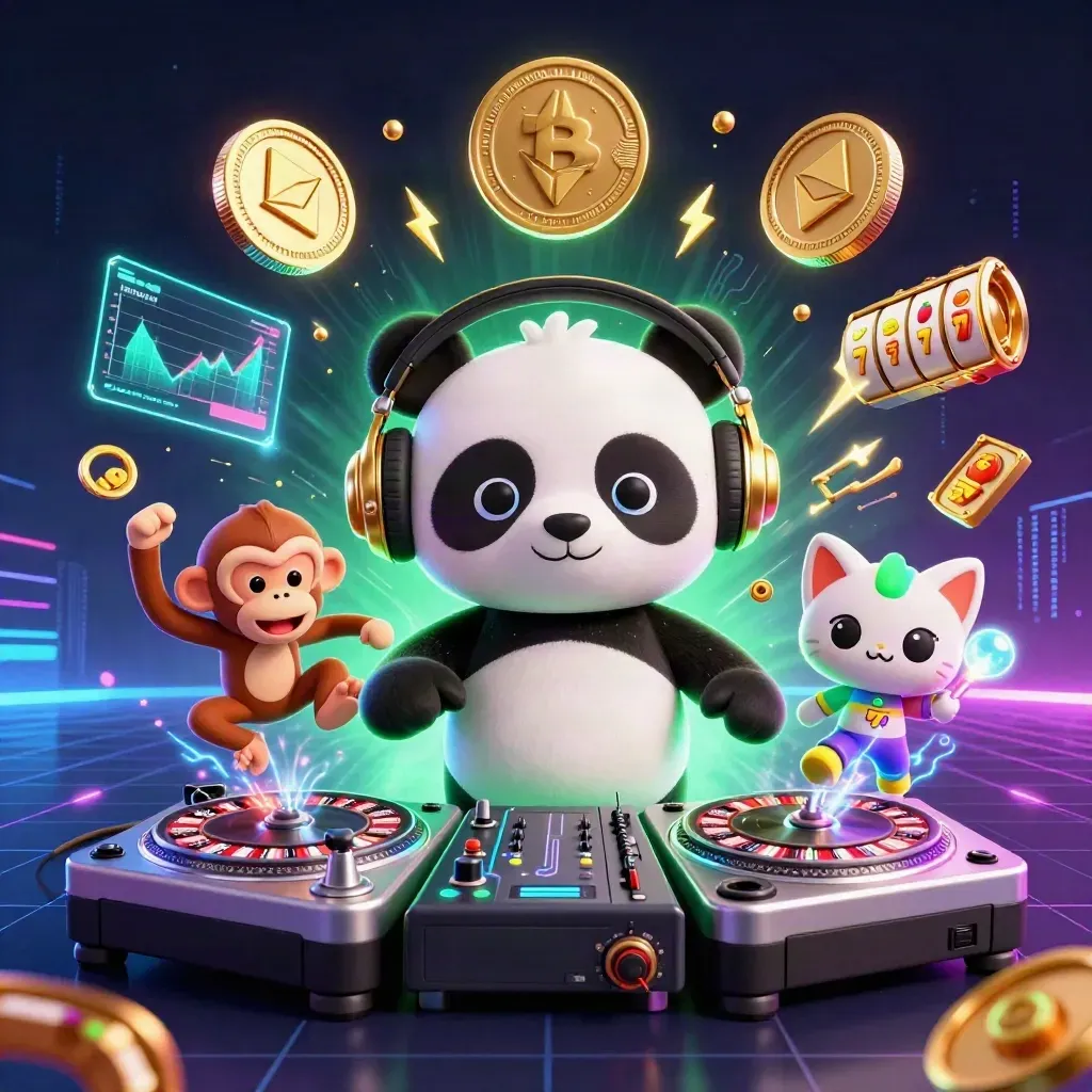 DJ-panda, apa och glow-stick-katt i neoncasino med mynt, länkar och energistrålar.
