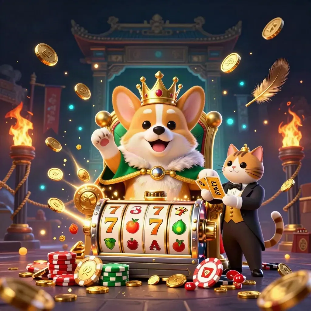 Kunglig corgi och kattbutler i en gyllene spelburst med mynt, slotreels och tempelportal.