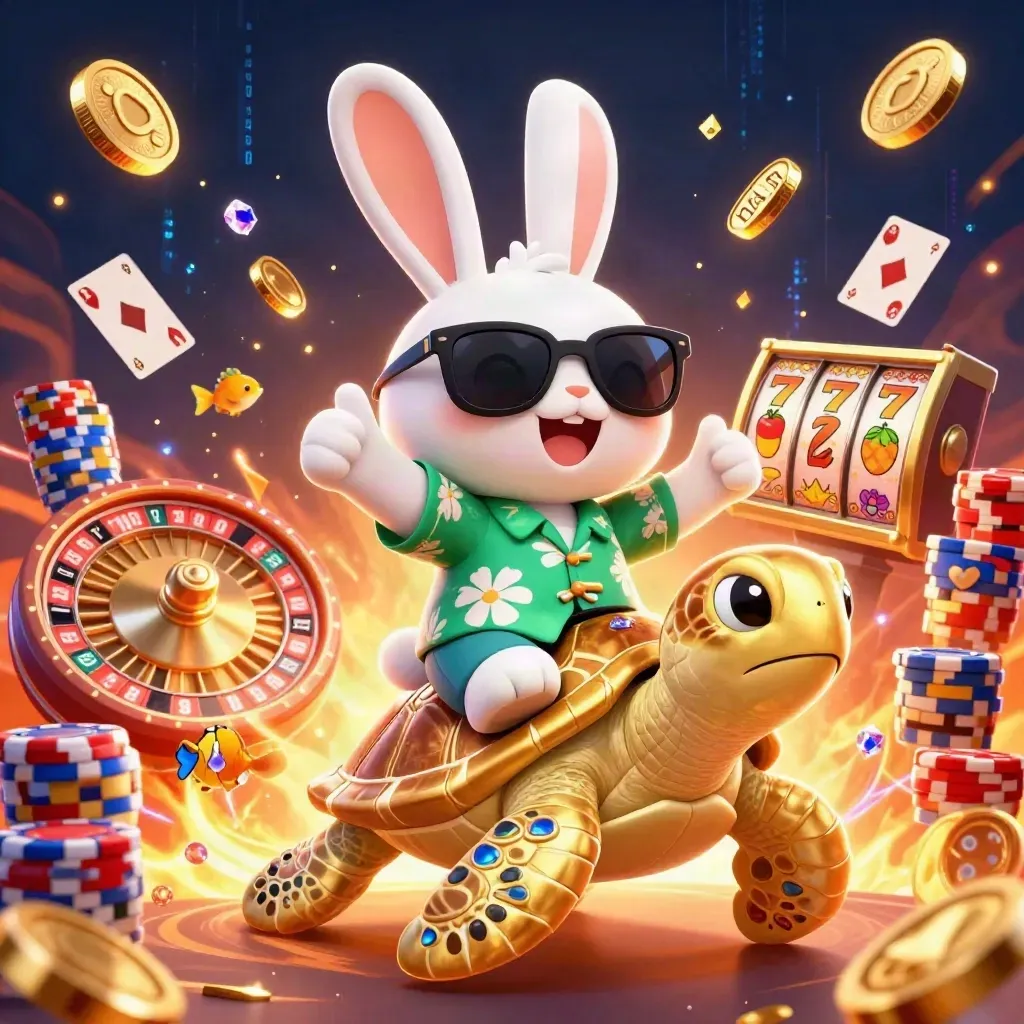 Glad kanin på gul sköldpadda med mynt, roulettehjul och spelkort i lyxig casinostil.