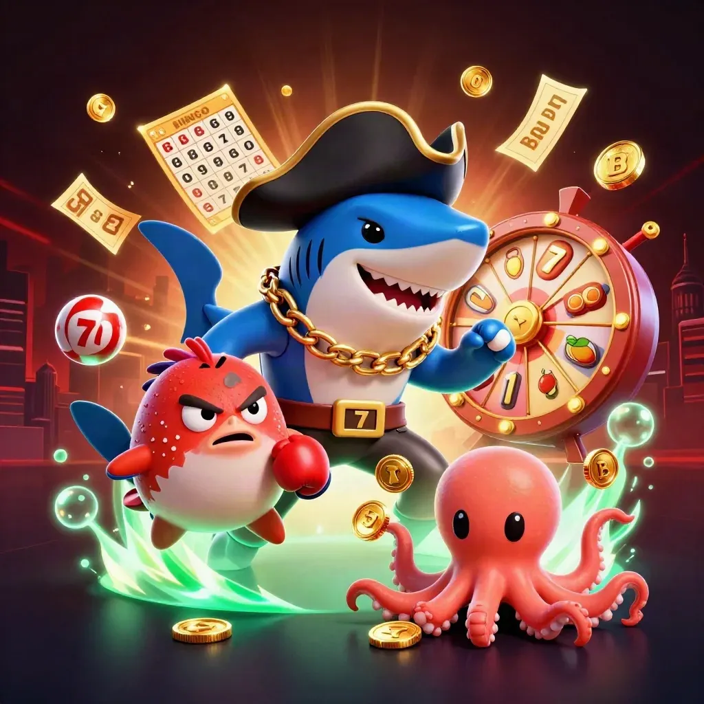 Piratshaj, blåsfisk och babybläckfisk med mynt, spelhjul och jackpotglöd i mörk casinoatmosfär.