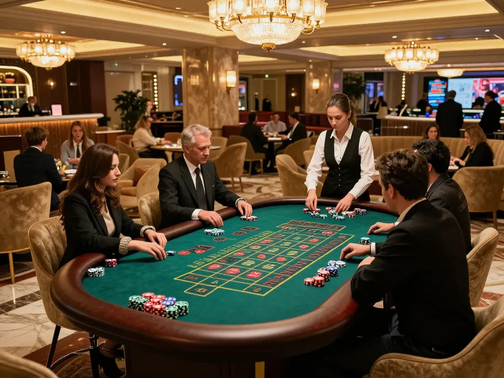Players enthusiastically betting at the VA88 roulette table in an upscale casino lounge
