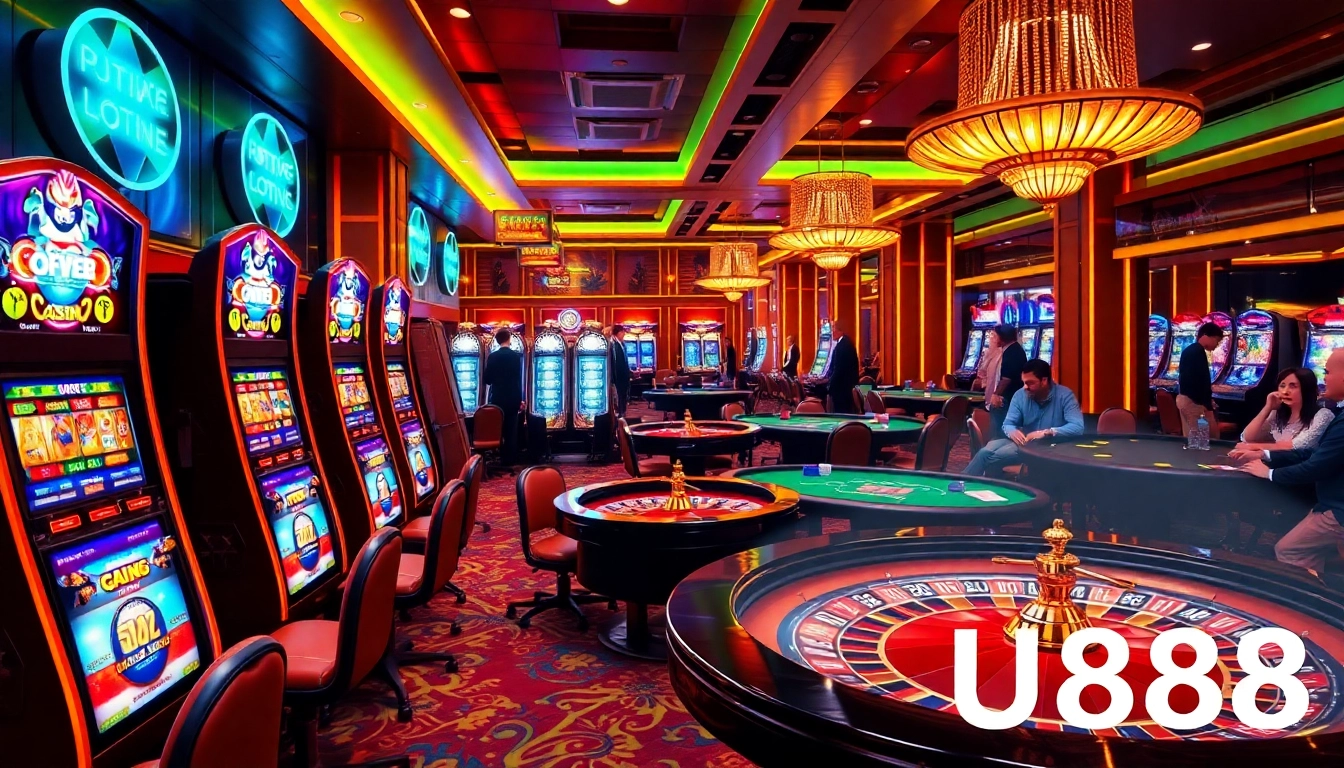 U8888 players enjoying thrilling gameplay at a vibrant casino, showcasing poker tables and slots.