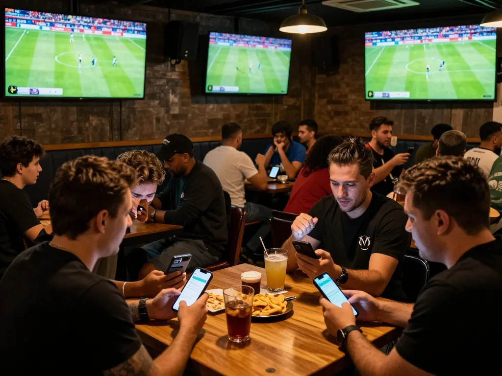 Spectators using smartphones to xem truc tiep bong da in a lively sports bar atmosphere during a major match