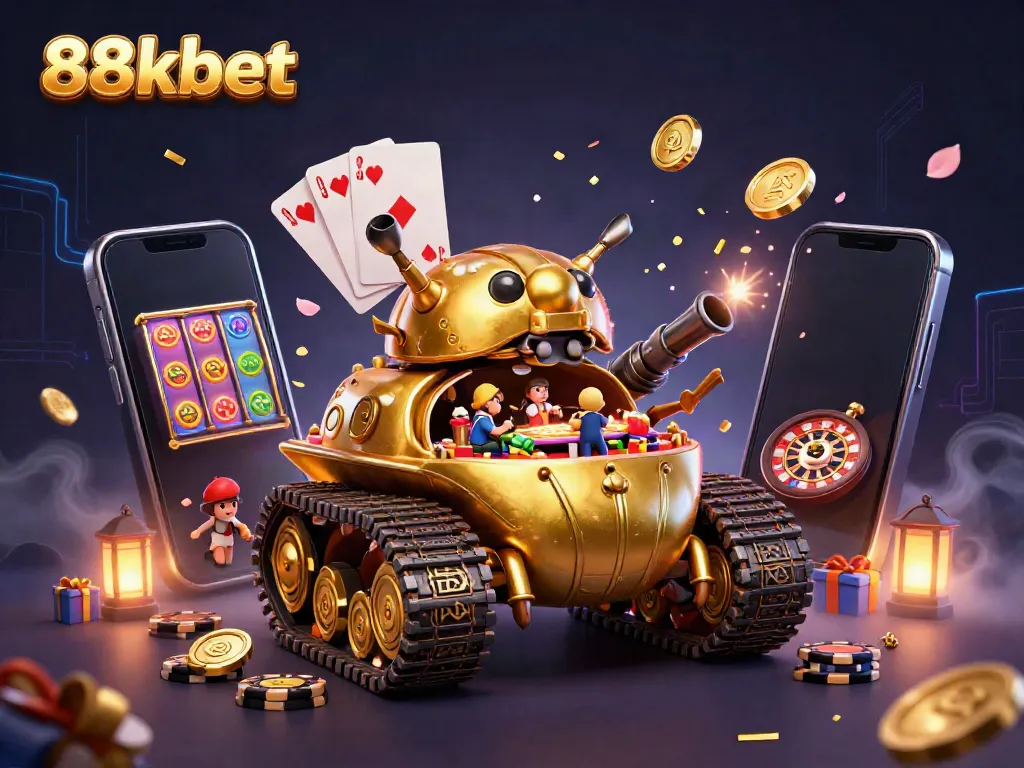 Experience the thrill of winning at 88kbet's captivating casino world with sparkling gold and vibrant game elements.
