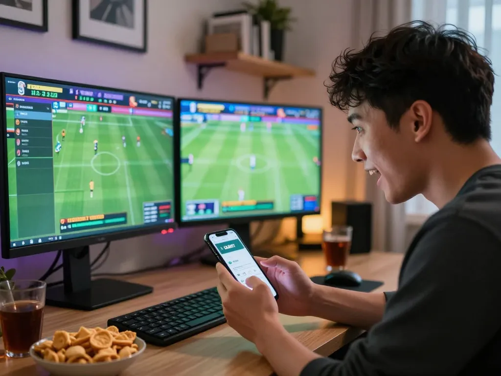 DABET sports betting setup with live match displays and player engagement in a contemporary home.