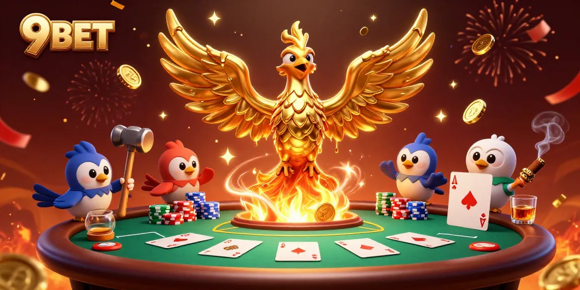 Engage in thrilling gameplay at 9 BET with golden phoenix and poker elements.