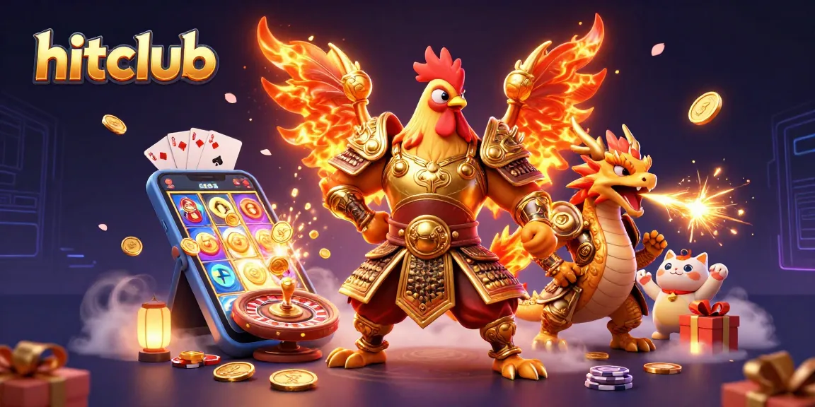 Engage with hitclub's thrilling gaming experience featuring an epic rooster warrior and dragon.