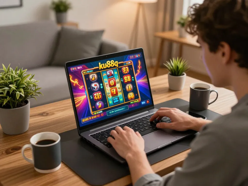 Engaging player enjoying excitement of ku88q gaming interface in a modern home setup