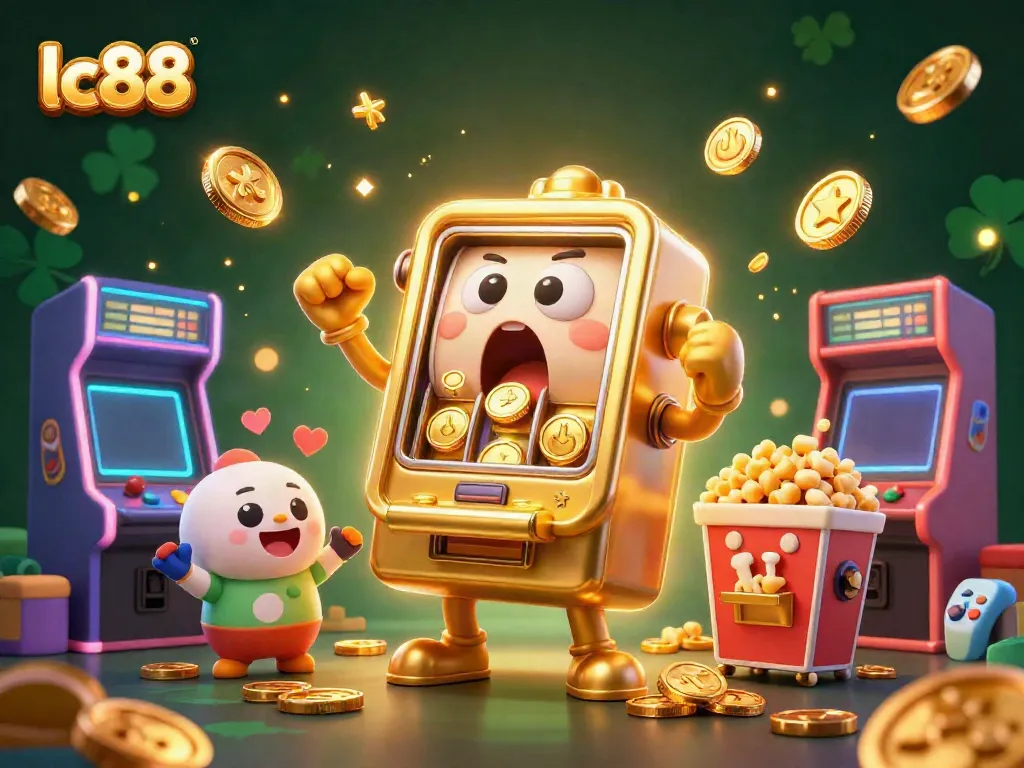 Experience the excitement as lc88's golden slot machine hits a jackpot, showering coins!