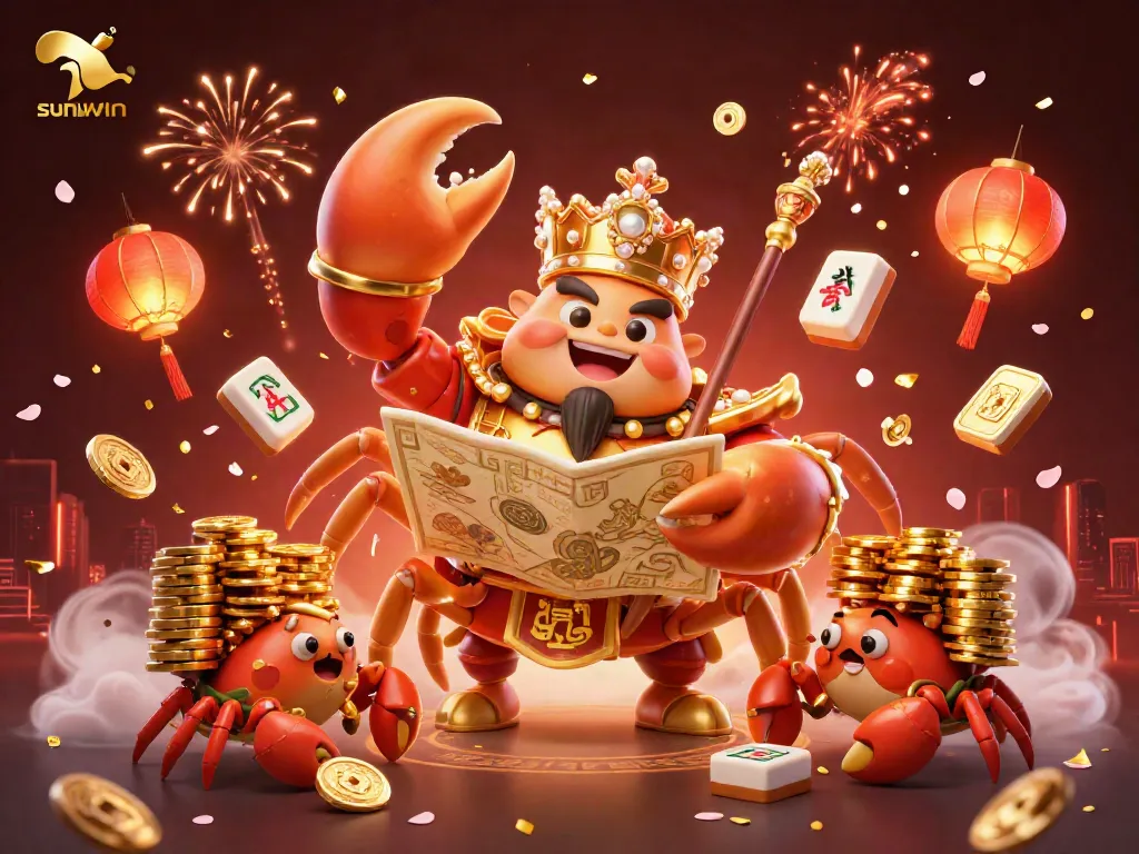 Experience exciting adventures with sunwin, featuring a majestic crab emperor amidst lively gaming elements.