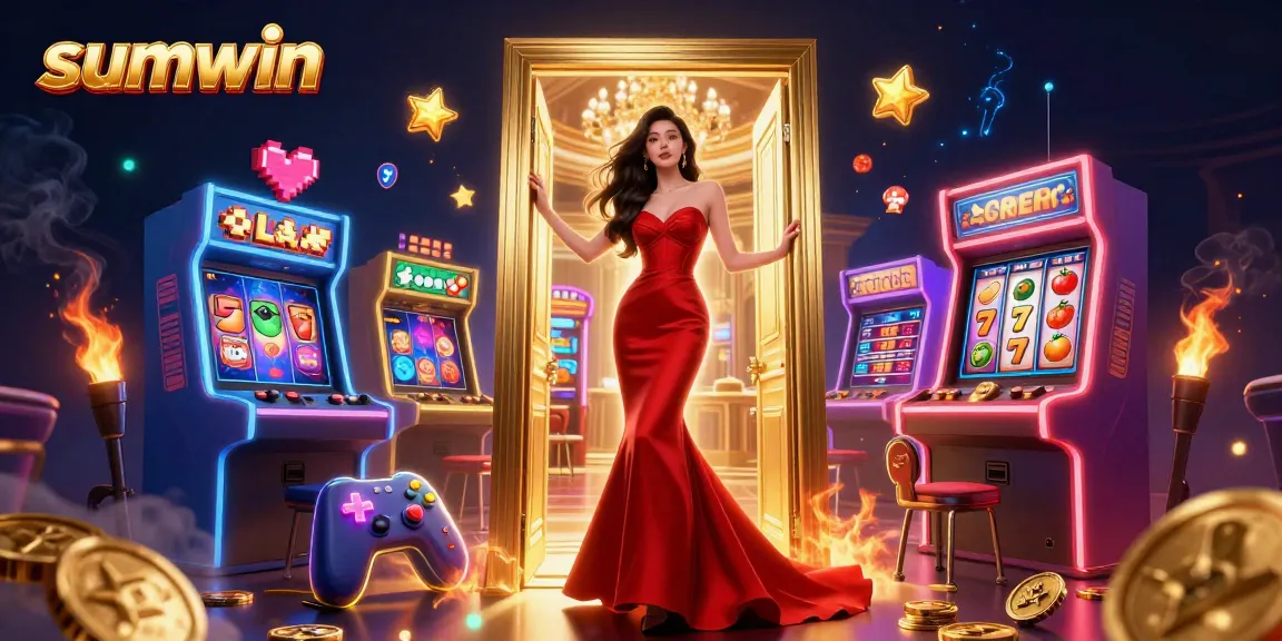 Engage with sumwin in a vibrant VIP casino setting with dynamic slot elements and a stunning Asian model.