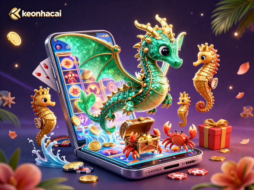 Engage in thrilling gaming with keonhacai as a vibrant sea dragon and fun casino elements surround them.