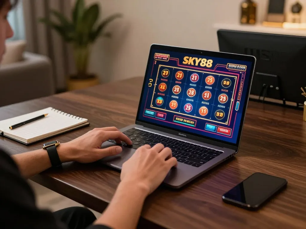 Player enjoying interactive SKY88 casino games on a stylish laptop in a cozy online gaming setup.