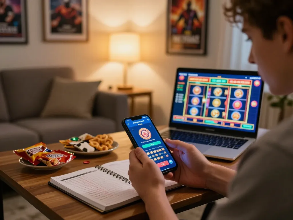 Upplev spänningen med casino utan svensk licens swish i denna mysiga hemmagaming-scen med smartphonespelsaction.