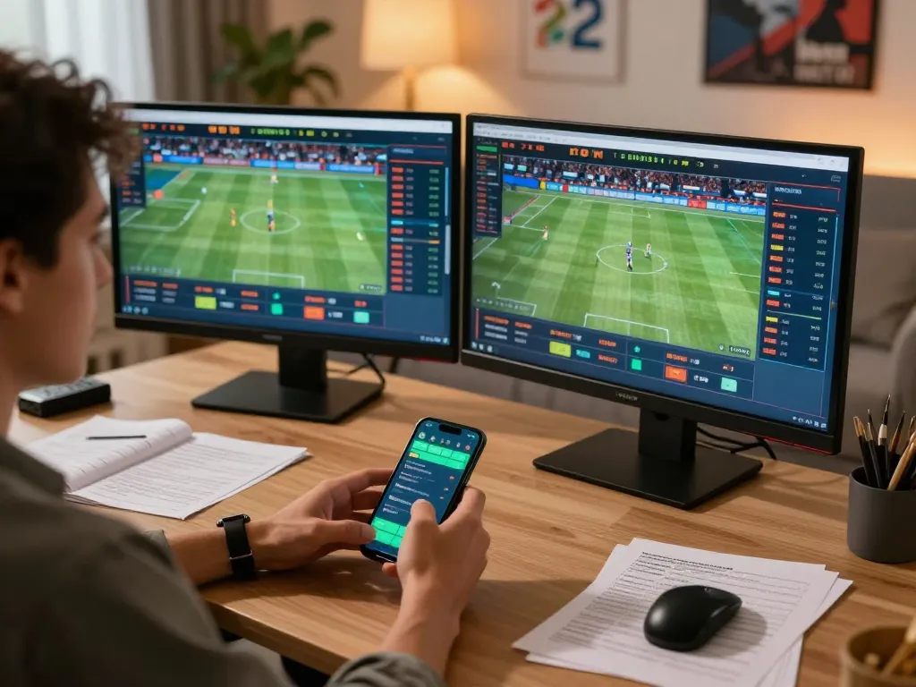 Engaging in sports betting on tip88 with dual monitors showing live odds and strategies
