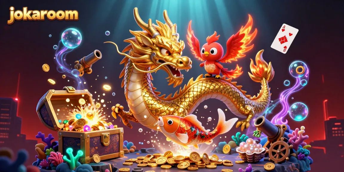 Experience thrilling gameplay at jokaroom with a fierce dragon, vibrant coins, and casino excitement.
