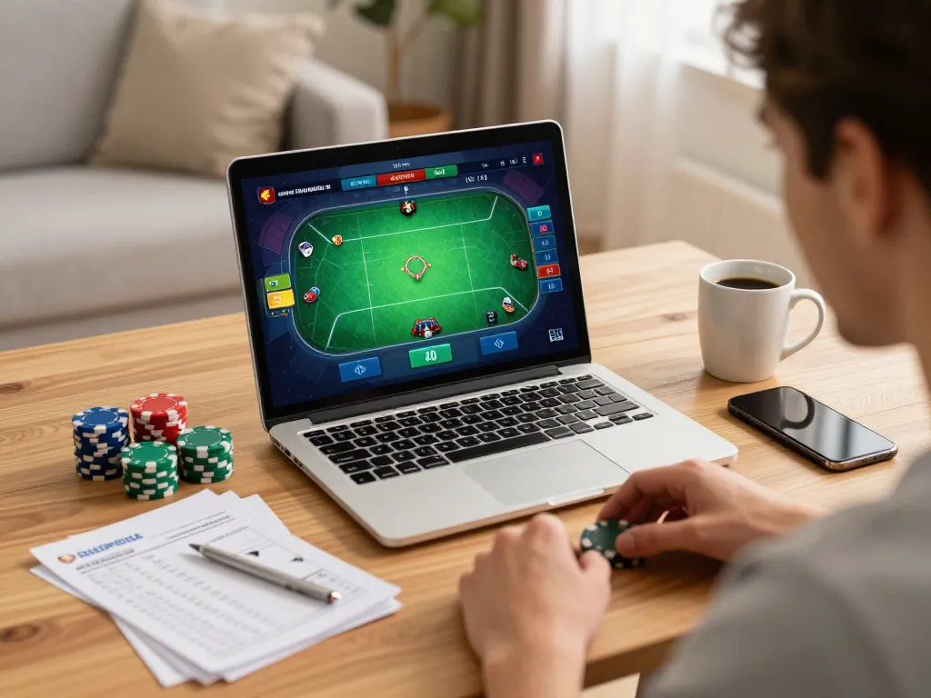 Player engaging in online poker with DA88 on laptop at cozy home setup