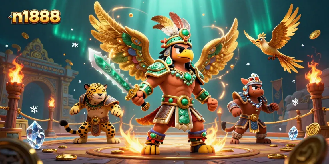 Bet on n1888 with vibrant Aztec warriors in an immersive 3D casino scene filled with action.