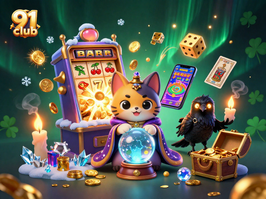 The 91 club casino scene features a fortune teller cat and a raven amidst a jackpot explosion, showcasing vibrant casino excitement.