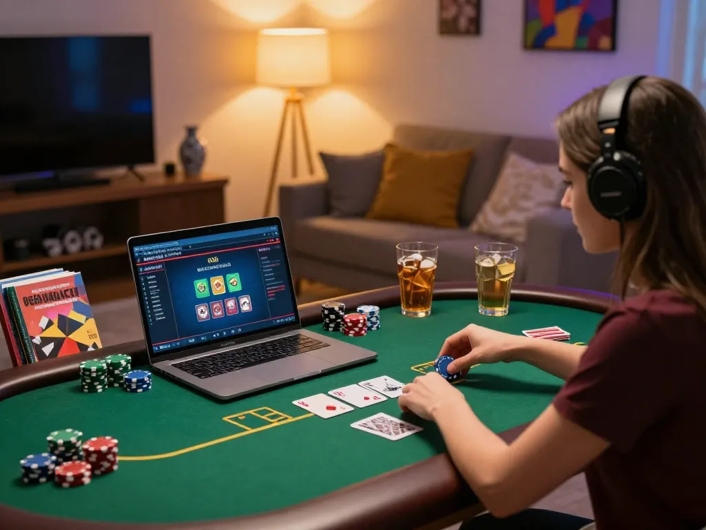 Player strategizing in online poker game on fun88s, showcasing a dynamic home gaming setup
