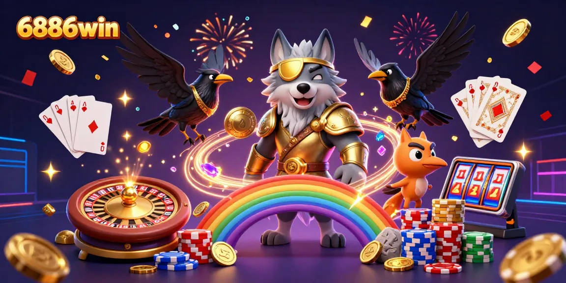 Engage with the vibrant world of 6886win through this dazzling 3D casino scene featuring Odin and his ravens amidst a realm of gaming.