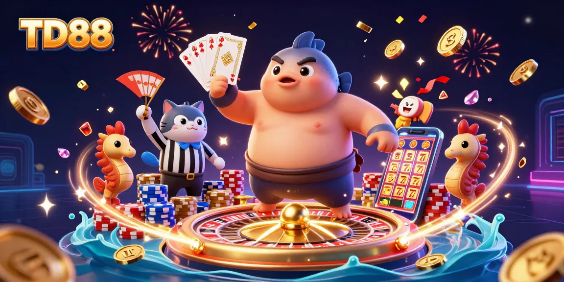 Play slots and win at TD88 with an exciting underwater casino scene featuring a fugu, catfish referee, and seahorse fans.