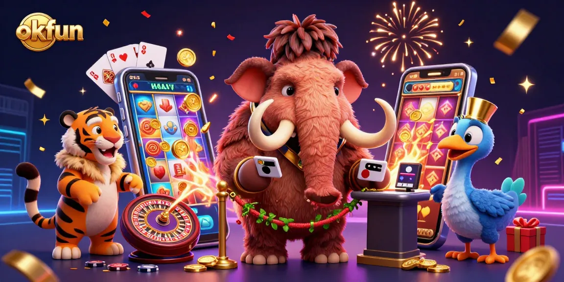 Bet on okfun with interactive casino characters, including a mammoth bouncer and slot games.