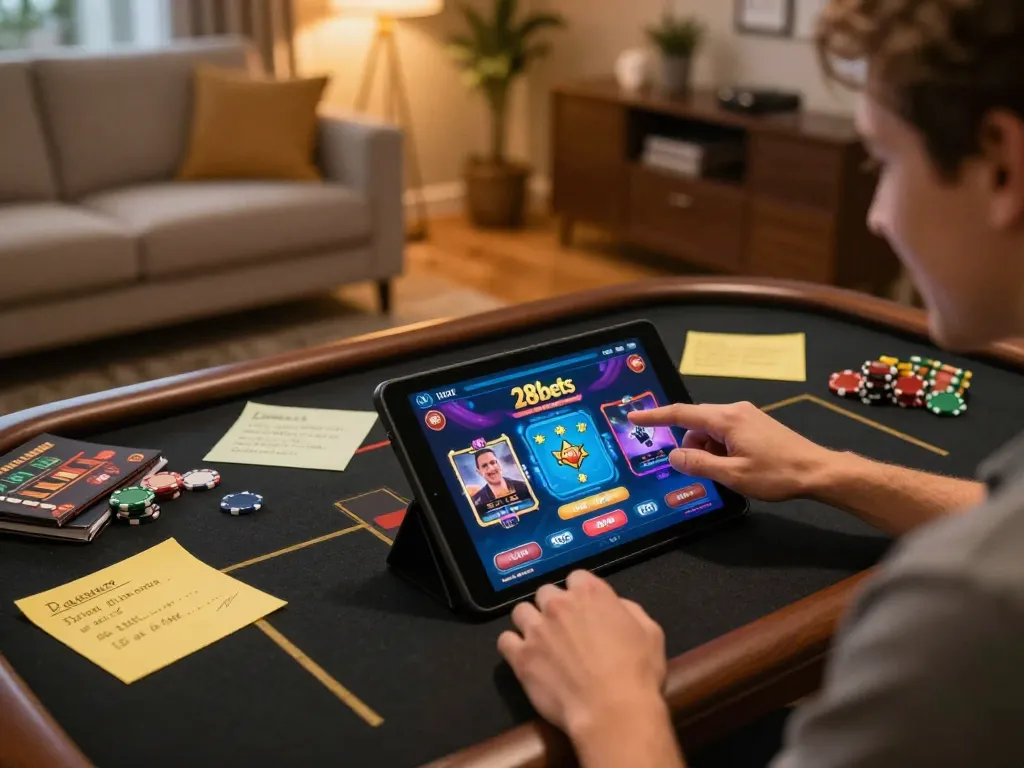 Engaging with the 28bets platform on a tablet, showcasing strategic gameplay in a cozy environment.