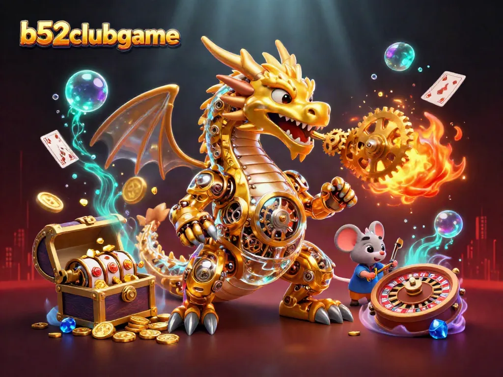 Bets come alive with b52clubgame, showcasing a vibrant 3D dragon, playing cards, and slot elements.