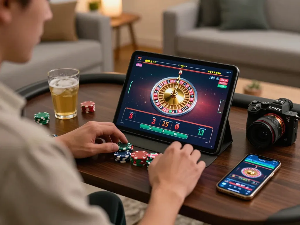 Engaging player enjoying J88 .com's live casino experience on tablet, highlighting responsible gaming