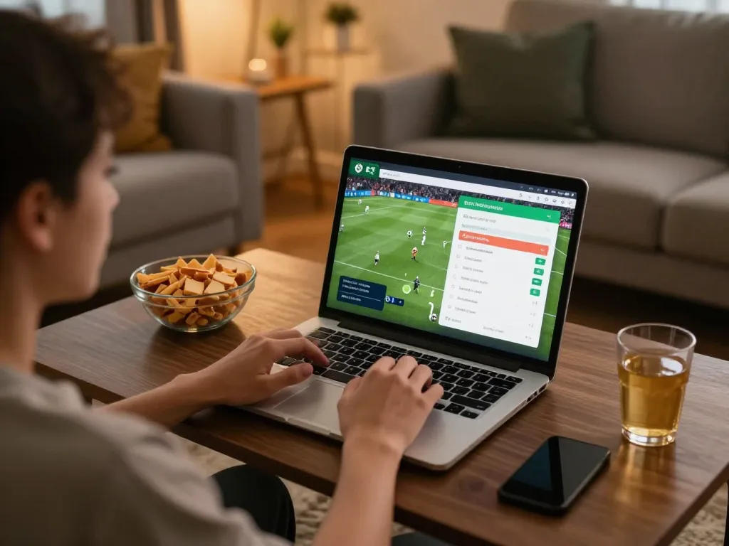 Socolive sports fan engaging with live betting actions on a laptop in comfortable home setting.