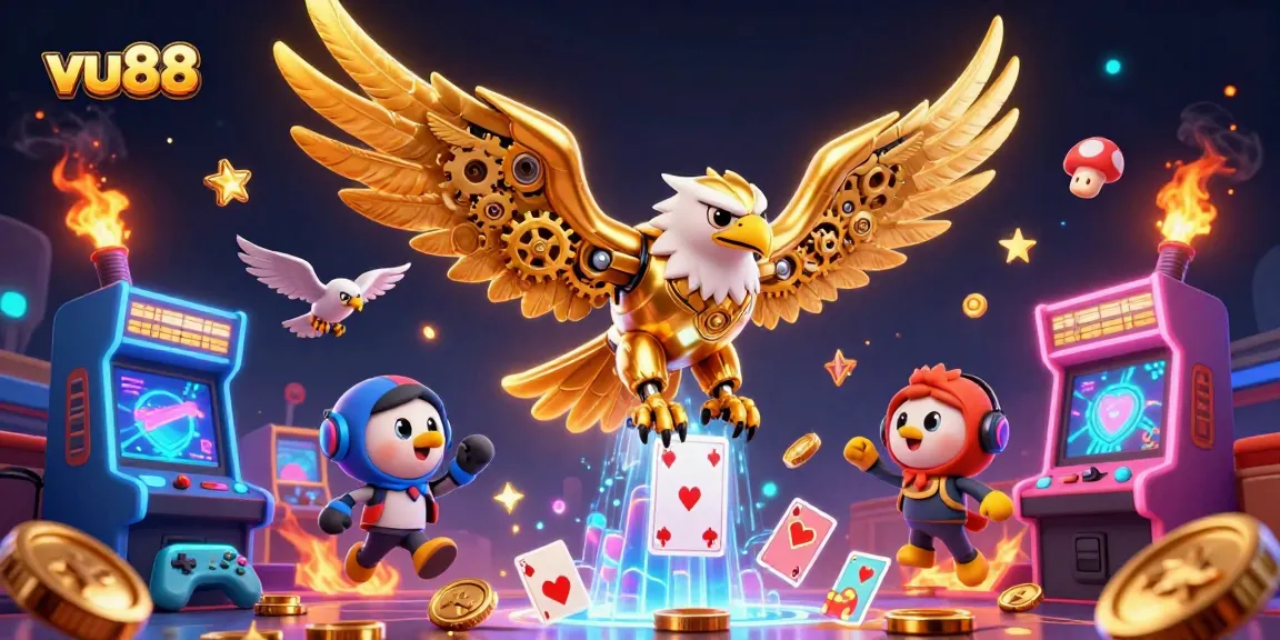 Engage with the thrilling gameplay at vu88, featuring a cybernetic golden eagle in a vibrant casino scene.