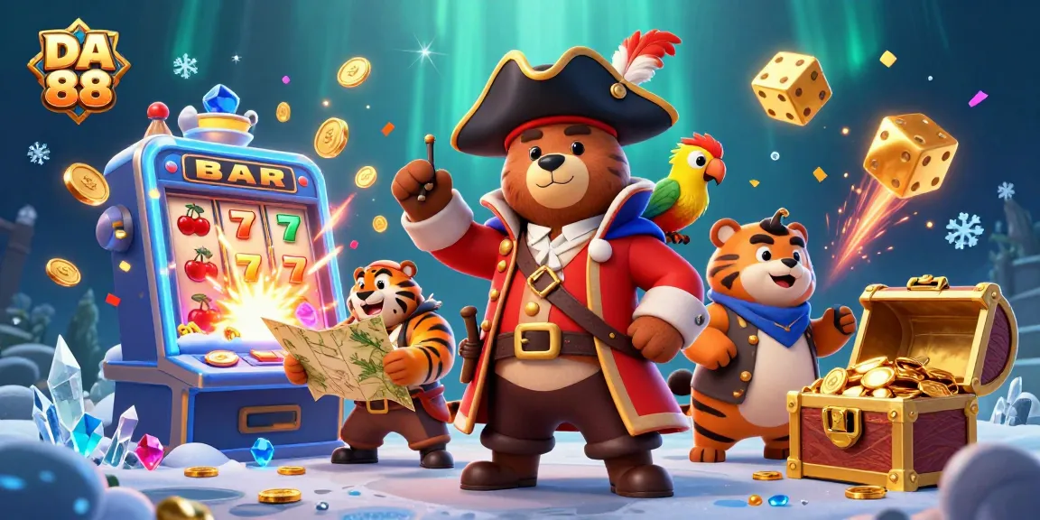 DA 88 showcases an exciting casino scene with a pirate captain bear and friends exploring jackpot games and treasures.