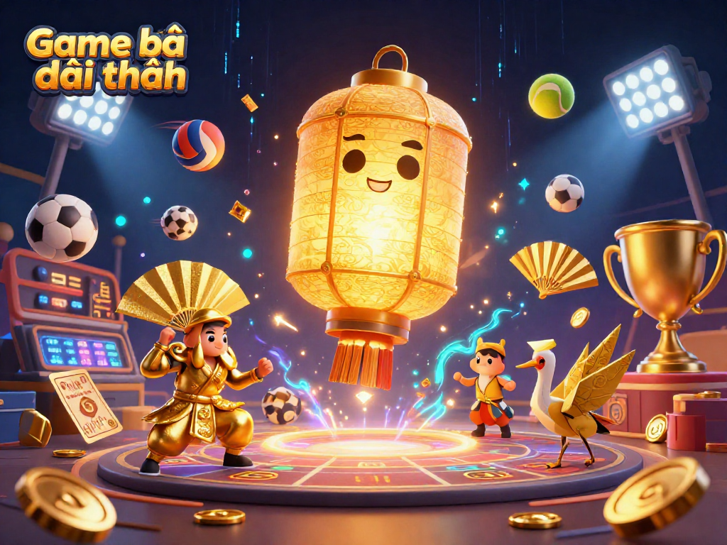 Experience Game bài đổi thưởng with golden lantern spirits and dynamic sports elements in a vibrant casino scene.