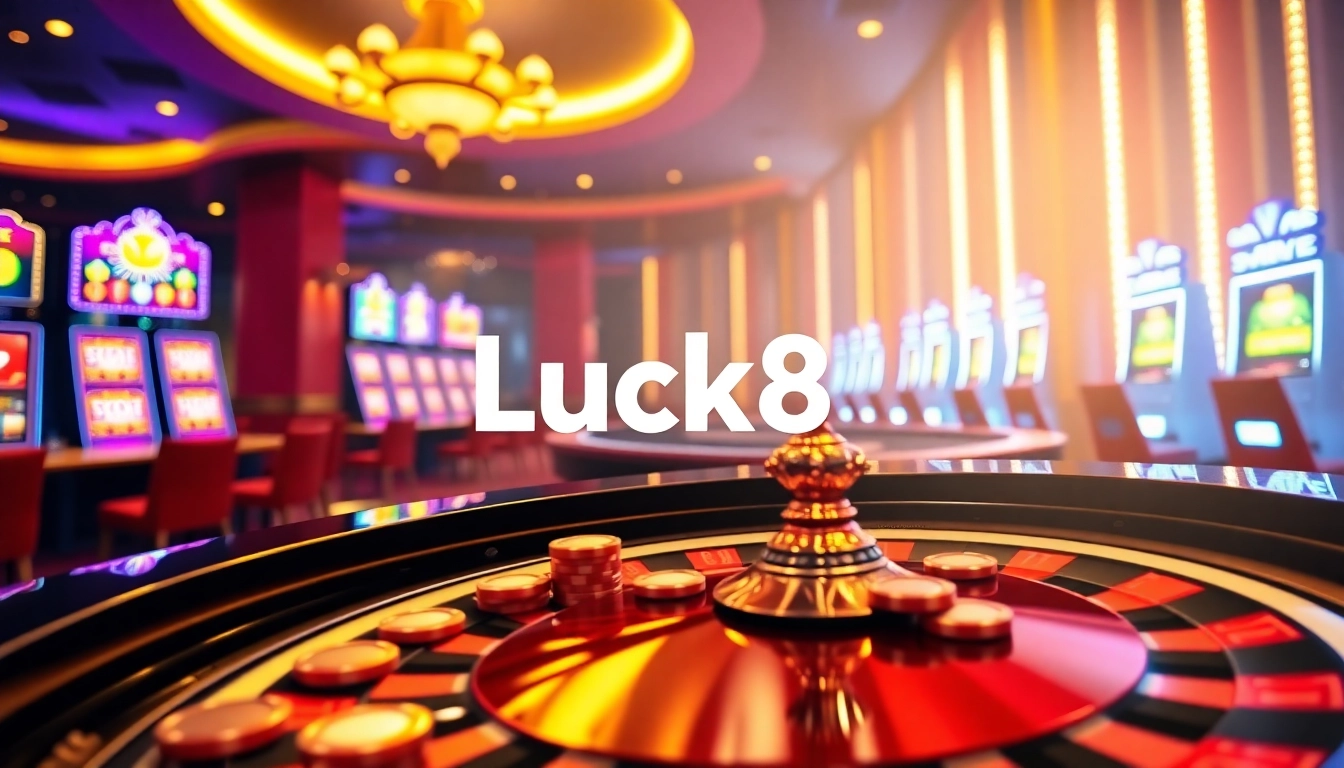 Experience the thrill of Luck8 with a vibrant casino scene showcasing roulette and slot machines.